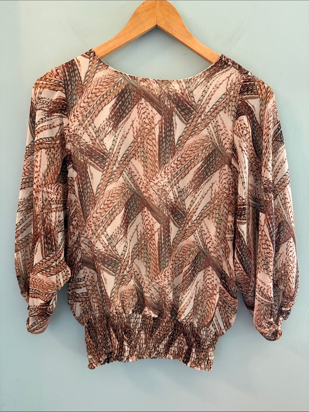 Veronica M Sheer Blouson Top in Brown and Cream Woven Print - XS